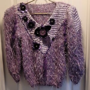 Vintage Purple Fuzzy Floral Appliques Women's Sweater Sz Medium